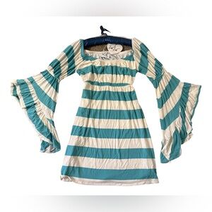 VaVa by Joy Han - Boho on/off-shoulder dress blue-green & white striped- XS NWT